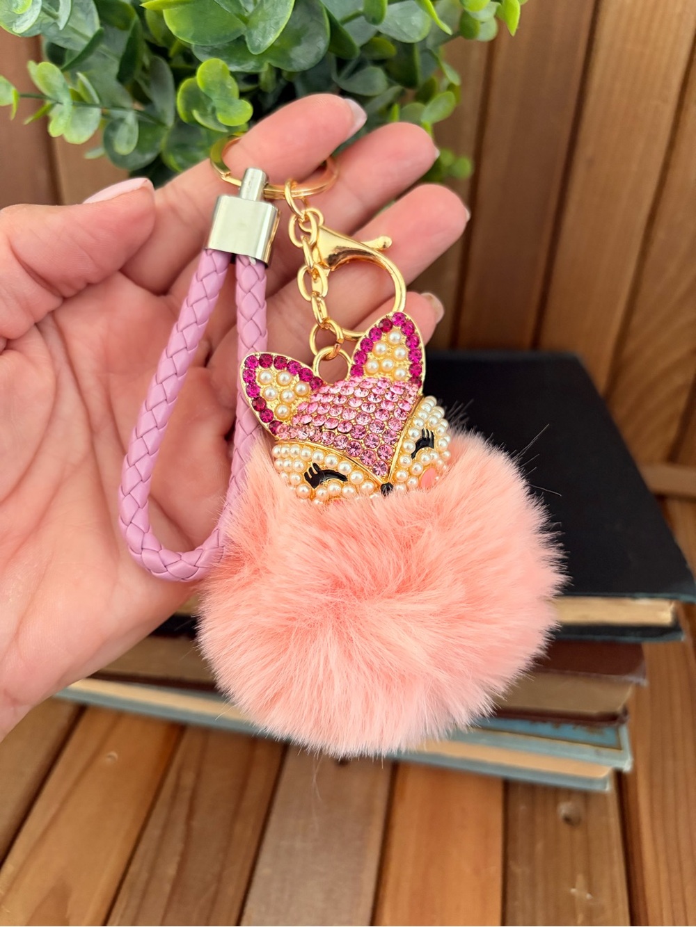 Pink Fox Pom Pom Keychain, Kawaii Coquette Purse Charm Braided Wristlet - Picture 3 of 4